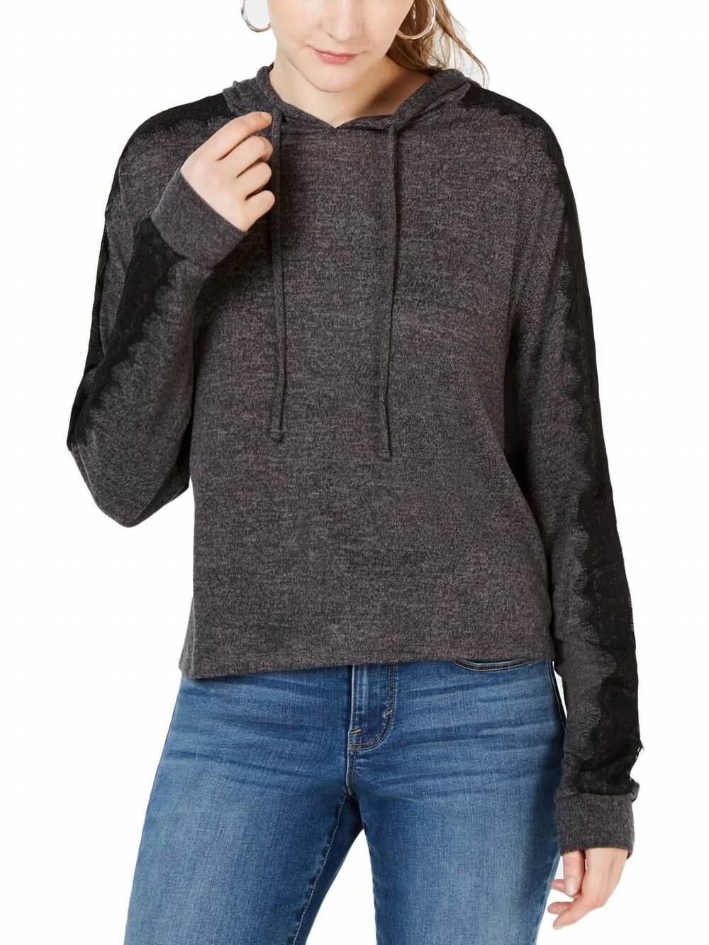 NEW ULTRA FLIRT lace trimmed marled hoodie in heather charcoal